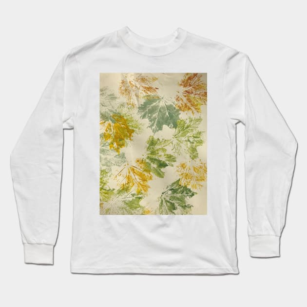 Maple Leaves Hand Painted in bayberry, mustard and ivory Long Sleeve T-Shirt by djrunnels